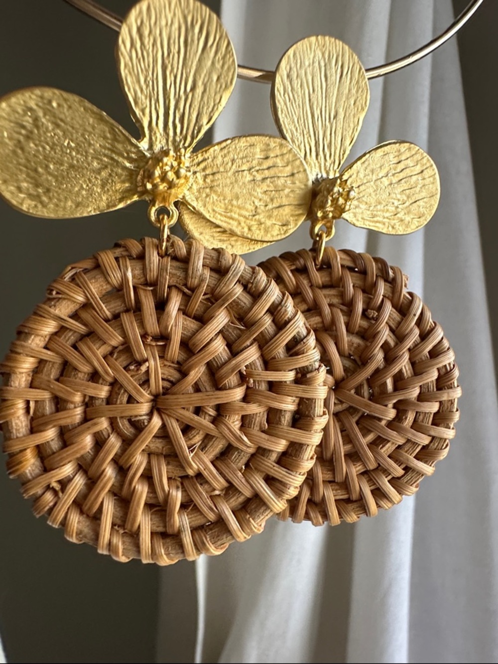 Virtue Lotus Gold Tone and Brown Woven Rattan Disc Drop Earrings - Women Jewelry
